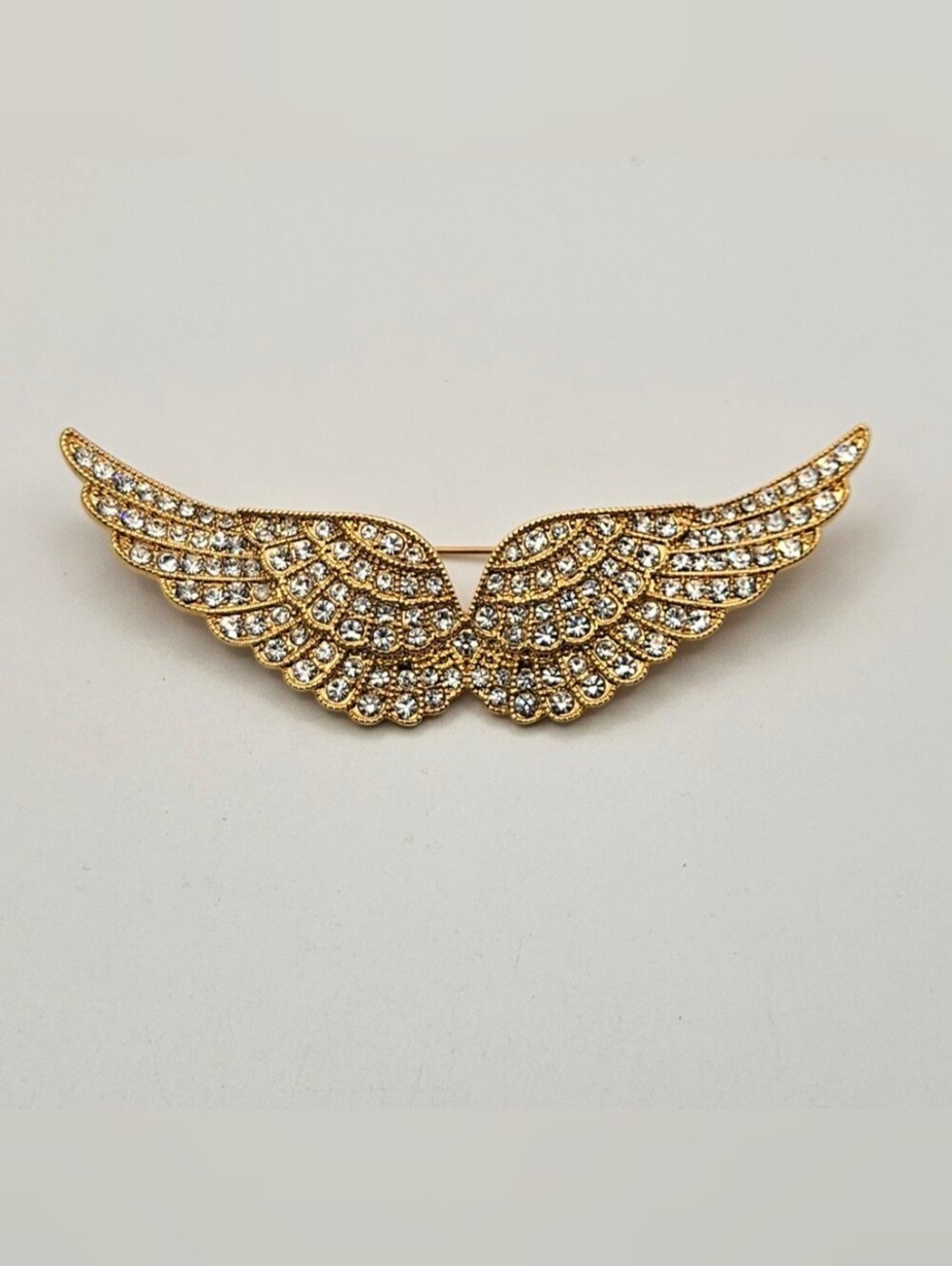 Paula Abdul Brooch Angel Wings Gold Tone Inscribed Clear Rhinestone Pave